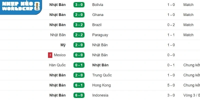 Tình hình thi đấu của Nhật Bản